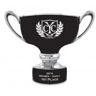 High gloss black & silver glazed ceramic trophy bowl with handles, sand carved logo and or copy - 9" ht.