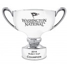 High gloss white & silver glazed ceramic trophy bowl with handles, sand carved logo and or copy - 9" ht.
