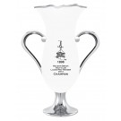 High gloss white & silver glazed ceramic trophy vase with handles, sand carved logo and or copy - 9" ht.
