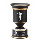 Black & gold ceramic trophy cup with vintage male golfer & sand carved logo & copy - 12" ht.