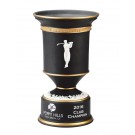 Black & gold ceramic trophy cup with vintage male golfer & sand carved logo & copy - 10 1/2" ht.