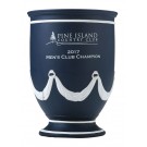 Blue & white ceramic cup with sand carved logo & copy - 11” ht.