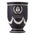 Black & white ceramic cup with sand carved logo & copy - 11” ht.