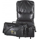 Black leather-like tri-fold garment bag with front gusseted pocket  45" x 22 1/4" -available embroidered or debossed