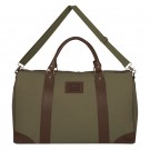 Olive cotton canvas duffle bag with brown leatherette trim - with inside pocket & shoulder strap - 20" x 12"