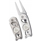 Switchblade metal divot tool with logoed nickel insert