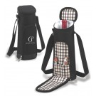 Black polycanvas wine carrier with plaid lining - Includes corkscrew and wine stopper - 13" ht. x 5" w.