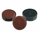 Set of 4 leather coasters (3 7/8" dia) in holder with debossed logo. Available in choice of black, brown or red