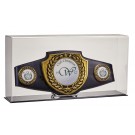 Black leather adjustable champion’s belt with heavy duty snaps - 52" long-adjusts to 36" with display case - 20" w. x 10" ht. x 4"d. 