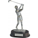 Silver and gold resin female golfer statue on rosewood base