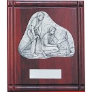Rosewood and pewter plaque with male golf partners