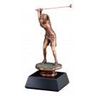 Copper-tone resin female golfer on black base - 13" ht.