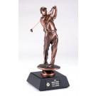 Copper-tone resin male golfer swinging on black wood base - 21" ht.