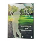 Lasered cutout of male golfer on acrylic overlay over custom image with logo & text printed on wood backing - 8 1/2" w. x 11" ht.