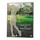 Lasered cutout of female golfer on acrylic overlay over custom image with logo & text printed on wood backing - 8 1/2" w. x 11" ht.