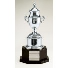 Fine pewter trophy cup & lid on black wood perpetual base - 19" ht.