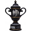 Charcoal  gray ceramic trophy cup with vintage male golf scene 12" ht. 