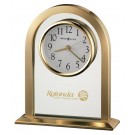 Brushed & polished brass-tone arch clock with glass center panel, floating dial & quartz movement - 7 1/2" h. x 6 1/4" w.