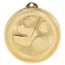 Gold 2” golf design medal with lasered copy & ribbon