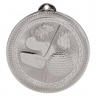Silver 2” golf design medal with lasered copy & ribbon