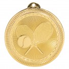 Gold 2” tennis design medal with lasered copy & ribbon
