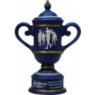 Titanium blue ceramic trophy cup with vintage male golf scene - 10" ht