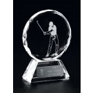 Optical crystal round award with etched male golfer -  5 3/4" ht.