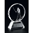 Optical crystal round award with etched male golfer - 5"ht..