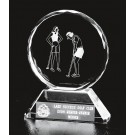 Optic crystal round award with etched female golf partners - 6 3/4" ht.