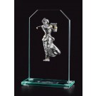 Jade glass award with pewter vintage female golfer - 8" ht. 