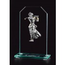 Jade glass award with pewter vintage female golfer - 6" ht.