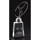 Etched optic crystal award with metal figure of golfer on crystal ball - 11" ht.