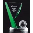 Etched clear & green optic crystal award with flag & ball - 4 1/2" w. x 5 1/2" ht.