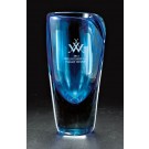 Etched art glass clear & blue vase - 9" ht.