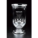 Etched hand blown glass trophy cup with golf ball & etched golf motif - 11 1/2" ht.