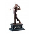 Copper tone male golfer statue on black wood base - 16" ht.