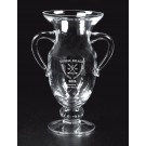 Etched non-lead crystal trophy cup with handles - 11" ht.