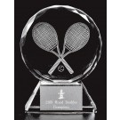 Optic crystal round award with etched tennis racquets - 5 3/4" ht.