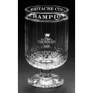 Etched lead crystal trophy cup with copy on front & back rims - 9 1/4” ht.
