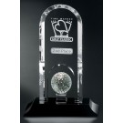 Etched optic crystal award with golf ball on black crystal base - 10” ht.