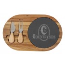 Acacia wood and slate cheese board with utensils - 12 1/4" 7 3/4"