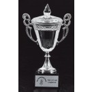 Crystal cup with silver handles on black crystal base with engraved plate - 8" ht.
