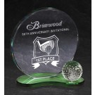 Etched optic clear & green crystal award with golf ball - 6" x 6 1/4"