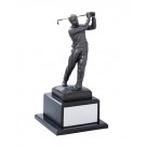 Antique bronze finished contemporary male golf sculpture on black wood base