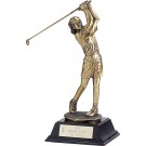 Gold tone female golf sculpture on wood base - 15 1/2" ht.