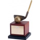 Bronzetone metal golf club & ball sculpture on burlwood base - 8 1/4" ht.