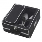 Black polycanvas golf trunk organizer that provides storage for shoes, balls, gloves, tees & towel