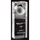 Etched optic crystal tower with golf ball - 8 1/2" ht.