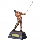 Copper-tone male golf sculpture on black wood base