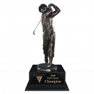 Bronzetone resin sculpture of vintage male golfer on black wood base